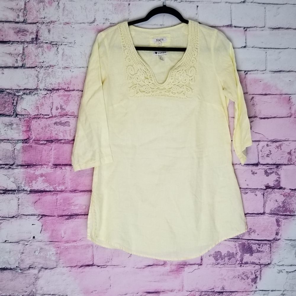 MALVIN HAMBURG GERMANY 100% LINEN CROCHET V NECK YELLOW SWIM BEACH COVER 10